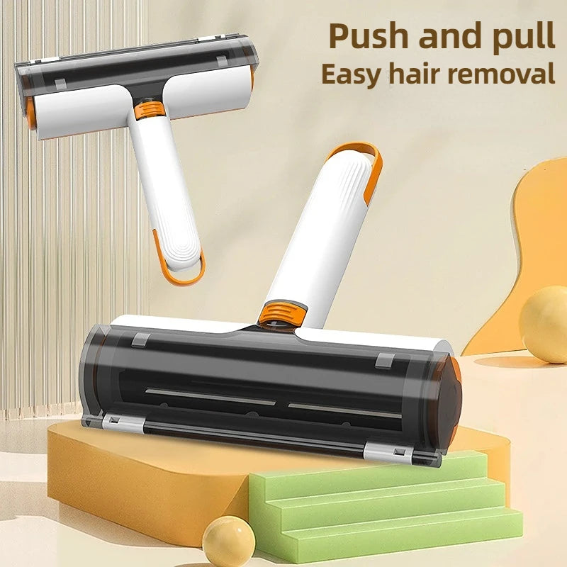 Reusable pet hair remover roller with ergonomic handle shown in push-and-pull motion for easy hair removal without adhesives or batteries.